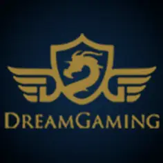 โลโก้ตัวหนังสือ DreamGaming สีทองโทนอบอุ่นบนพื้นหลังมืด